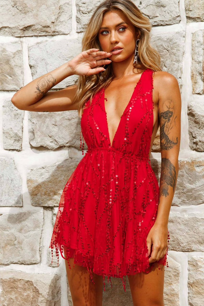 Ariana Sequin Mini Party Dress Red