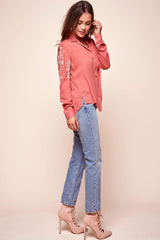 Issa Floral Sleeved Button Up Top Rust