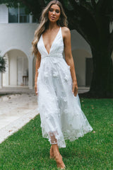 Sheri V-Neckline Embellished Midi Dress White