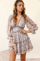 Laney Cutout Back Ruffle Trim Dress Floral Print Grey/Orange