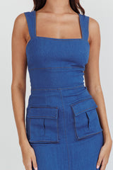 Central Park Pocket Front Midi Dress Denim