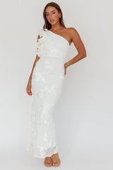 Deanna One-Shoulder Ruffle Maxi Dress Floral Texture White