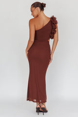 Deanna One-Shoulder Ruffle Maxi Dress Brown