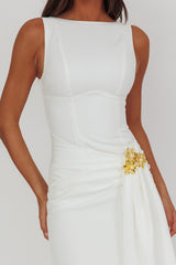 Zimora Gold Buckle Waist Drape Maxi Dress White