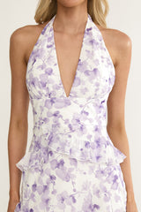 Cipriana Frill Trim Halter Maxi Dress Floral Purple