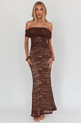 Flutters Off-Shoulder Lace Maxi Dress Chocolate