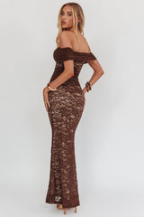 Flutters Off-Shoulder Lace Maxi Dress Chocolate