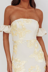 Roman Holiday Puff Sleeve Embellished Midi Dress Gold