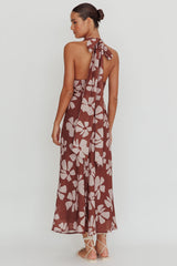 Italia Azure Halterneck Floral Maxi Dress Brown
