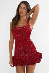 Cherry Bomb Frill Hem Romper Sequin Red