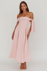Aurora Sky Off-Shoulder Box Pleat Midi Dress Pink