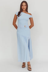 Azure Sun Asymmetric Neckline Split Maxi Dress Blue