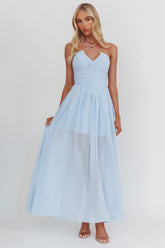 The Dreamers Ruched Basque Waist Maxi Dress Blue