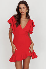 Cupid's Bow V-Neckline Ruffle Shoulder Bodycon Dress Red