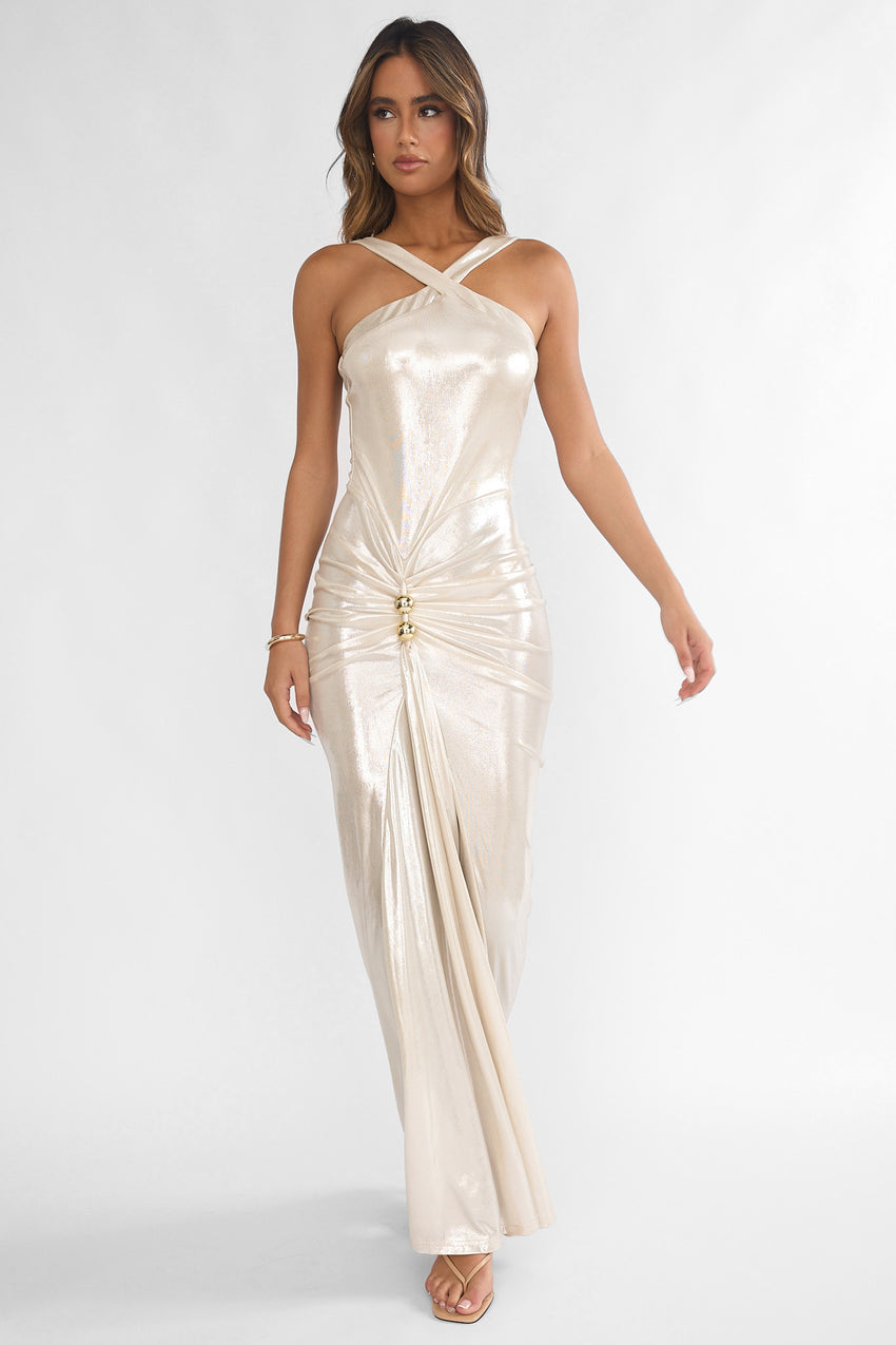 Delaina Ruched Waist Gold Accent Maxi Dress Pearl