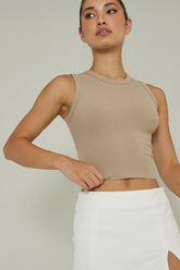 Mayra Crew Neck Crop Top Tan