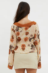 Moxie Tie Front Lace Trim Top Brown