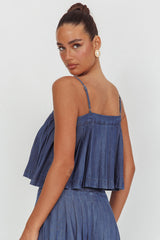 Country Girl Pleated Tie Top Dark Denim