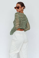 Maycie Long Sleeve Crochet Crop Top Green Multi