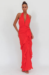 Libre Plunging Halter Ruffle Maxi Dress Red