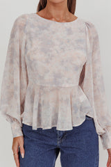 Helix Balloon Sleeves Peplum Top Dusty Blue/Peach