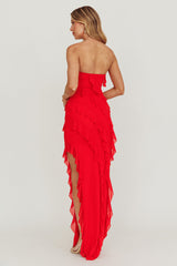 Just Friends Strapless Ruffle Maxi Dress Red