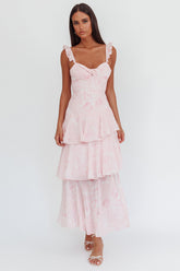Veda Ruffle Strap Split Maxi Dress Roses Blush
