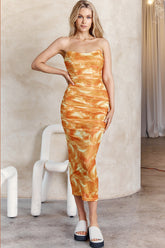 Logan Strapless Ruched Midi Dress Orange