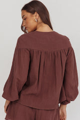 Salty Sea Tie Front Blouse Top Chocolate