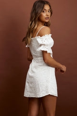 Toluca Puff Sleeve Frill Trim Eyelet Dress White