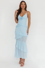 Marlie Frill Trim Rosette Maxi Dress Blue