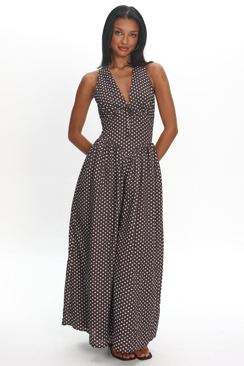 Clarette Basque Waist Open Back Maxi Dress Spotted Chocolate