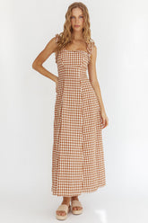 Warrior Sun Frill Strap Maxi Dress Tan Check