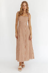 Warrior Sun Frill Strap Maxi Dress Tan Check