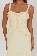 Vienna Sky Frill And Crochet Trim Maxi Dress Cream