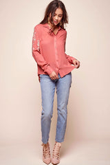 Issa Floral Sleeved Button Up Top Rust