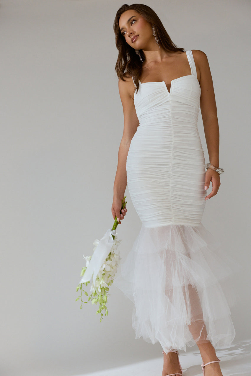 Nadia Tulle Hem Ruched Maxi Dress White
