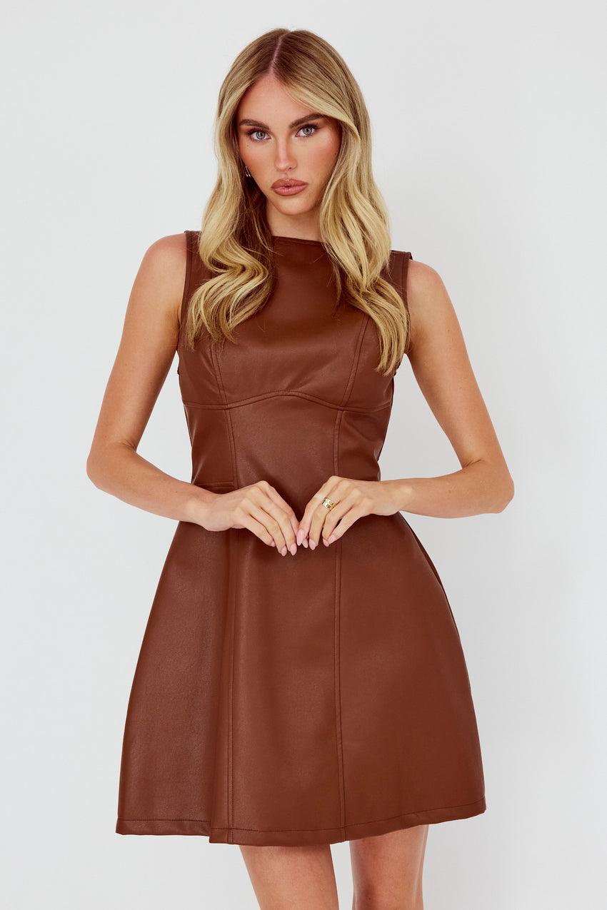 Opulent Sleeveless A-Line Mini Dress Faux Leather Brown