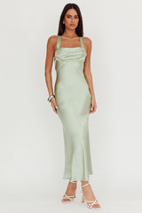 Favorite Part Crossover Back Satin Maxi Dress Sage