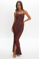Kamilah Gathered Cascading Ruffle Midi Dress Maroon