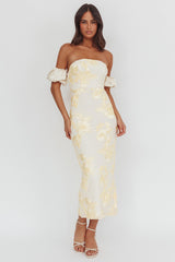 Roman Holiday Puff Sleeve Embellished Midi Dress Gold