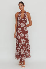Italia Azure Halterneck Floral Maxi Dress Brown