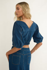 Kaelis Bubble Sleeve Button Top Denim