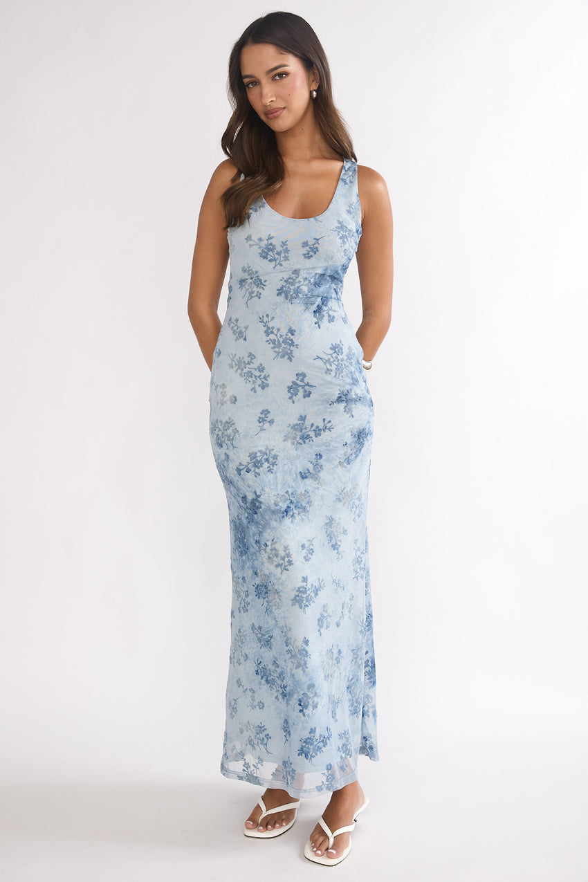 Elowra Mesh Maxi Dress Floral Blue