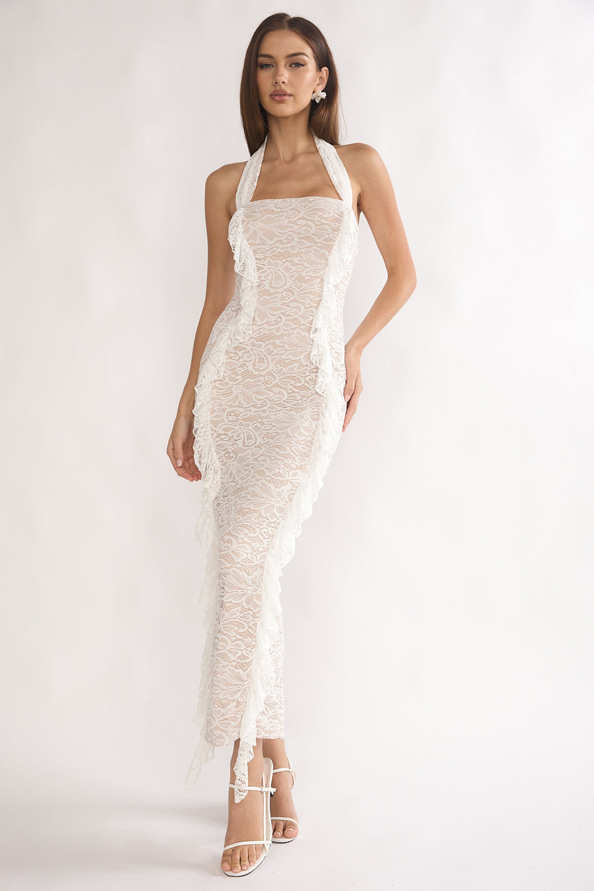 Chiavari Ruffle Trim Lace Maxi Dress White
