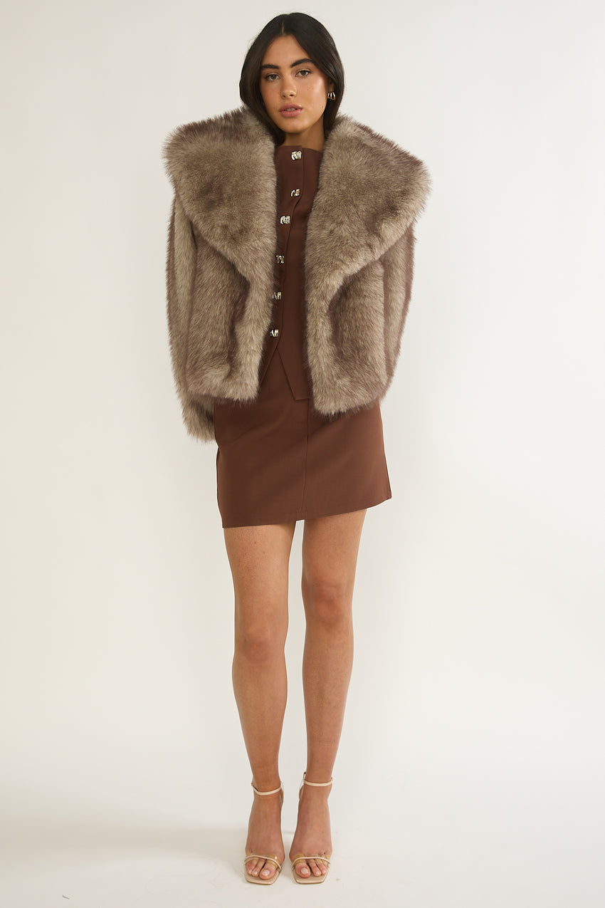 Marella Oversized Lapel Faux Fur Jacket Taupe