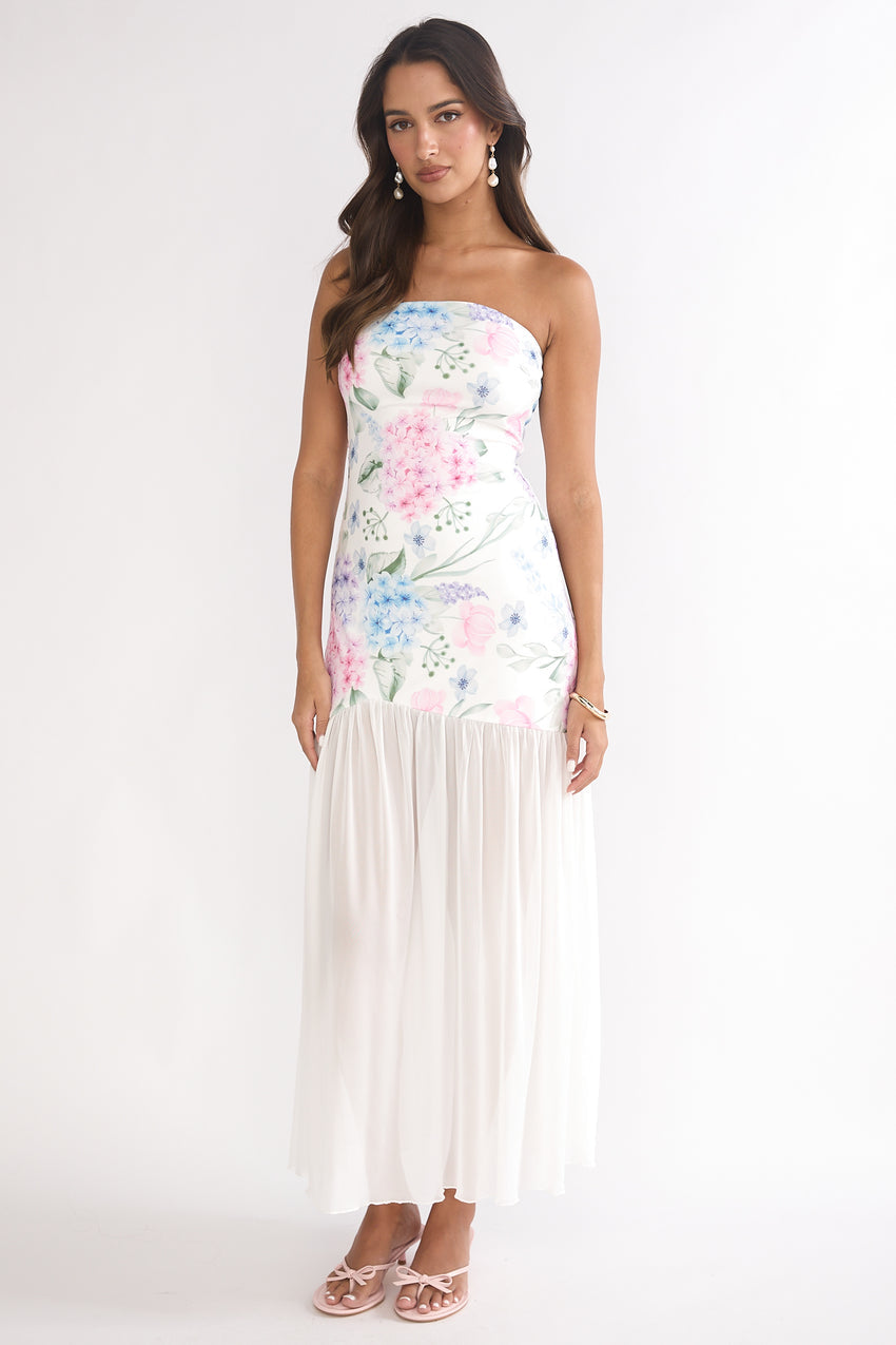 Wilma Sheer Hem Strapless Maxi Dress Flowers Blue