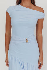 Azure Sun Asymmetric Neckline Split Maxi Dress Blue