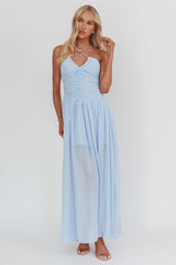 The Dreamers Ruched Basque Waist Maxi Dress Blue