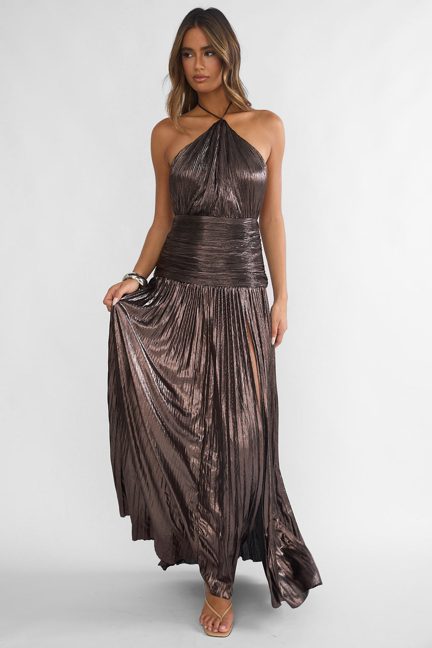 Ahmara Drop Waist Accordion Pleat Maxi Dress Gunmetal